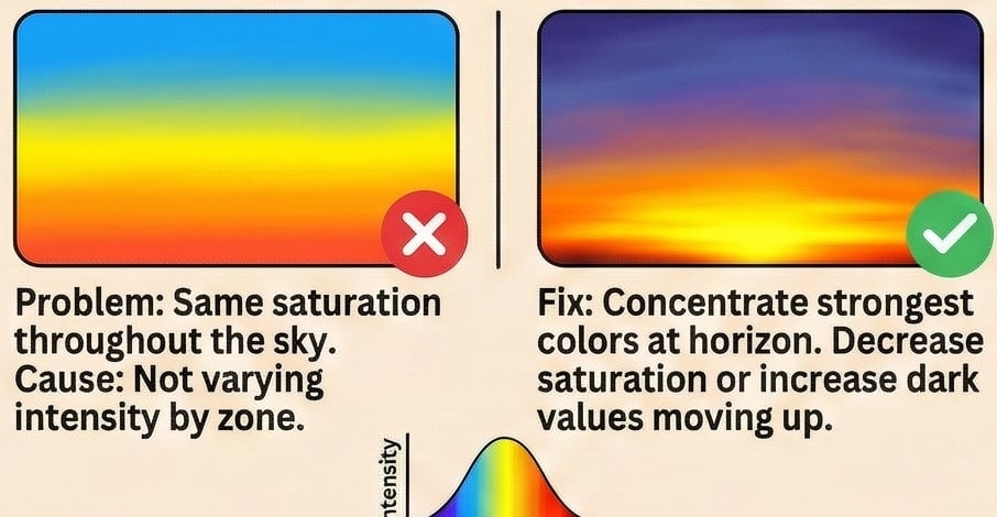 Infographic: comparison of even sky saturation (problem) vs corrected sunset gradient; focus strong colors at horizon, lower upper saturation.