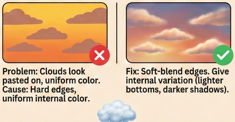Before: flat clouds with hard edges and uniform color (red X). After: soft-blend clouds with internal shading and smoother edges (green check).