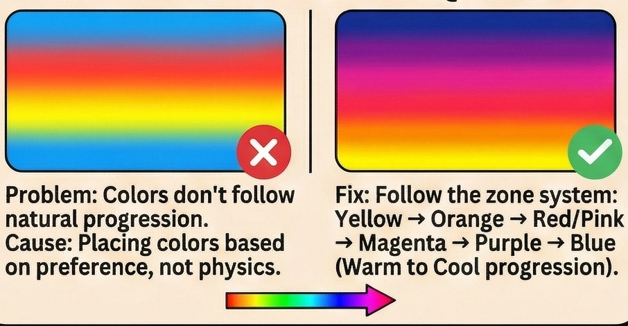 Infographic showing wrong vs correct color progression: use zone system (yellow→orange→red/pink→magenta→purple→blue) warm-to-cool gradient.