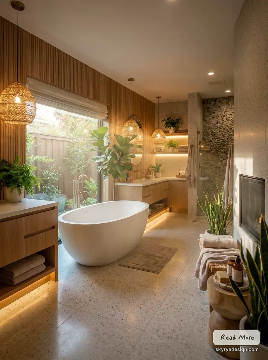Spa-like_bathroom_with_oval_tub_202607082046 1 Spa-like modern bathroom with freestanding white tub, natural wood cabinetry, woven pendant lights and greenery. | Sky Rye Design Spa-like modern bathroom with freestanding white tub, natural wood cabinetry, woven pendant lights and greenery.