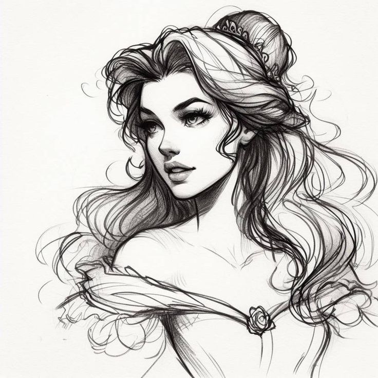 Elegant pencil sketch of a woman with flowing hair, wearing an off-shoulder dress adorned with a delicate floral detail.