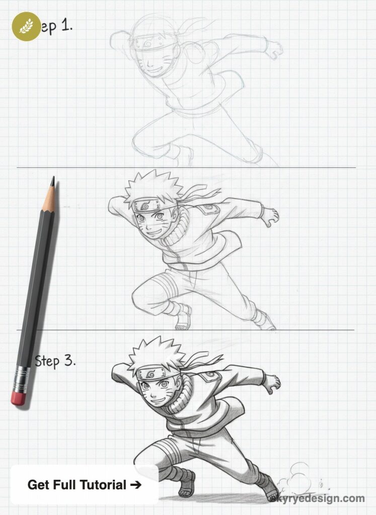Naruto pencil drawing tutorial: step-by-step running pose sketch on grid paper with pencil shading