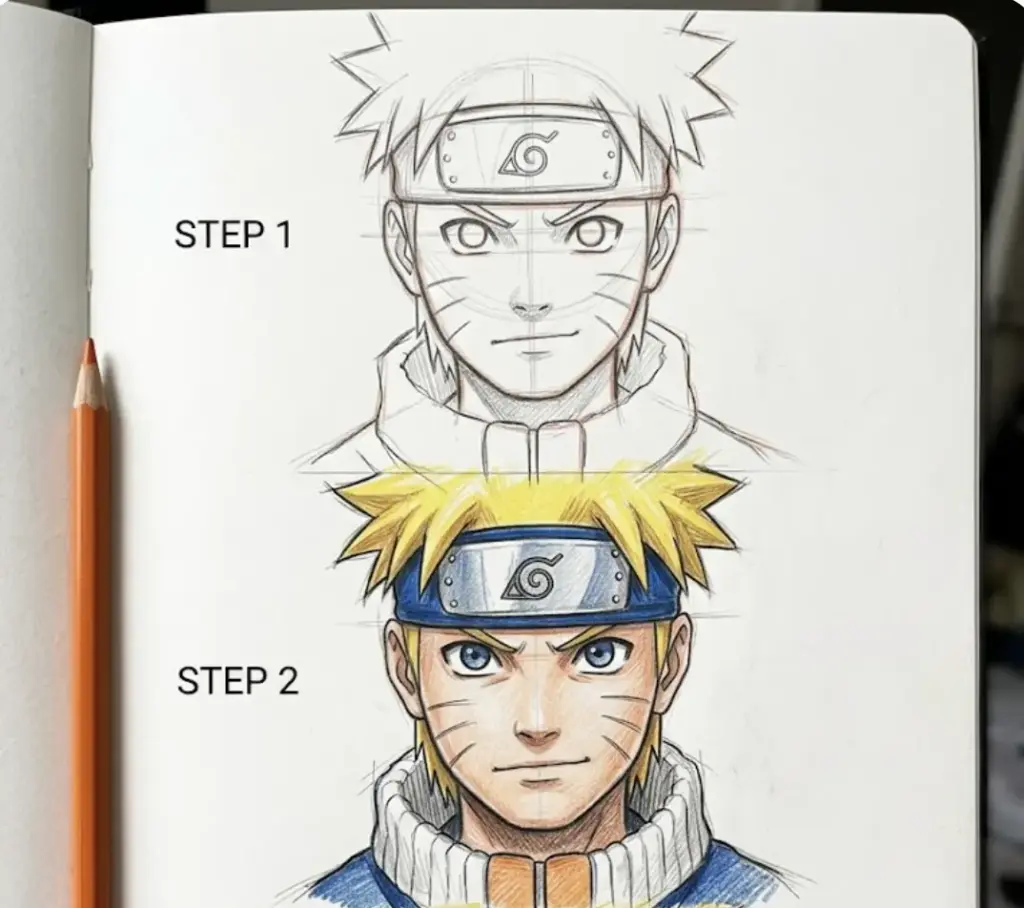 Naruto headshot drawing tutorial: step 1 pencil sketch above, step 2 colored pencil portrait with Konoha headband.