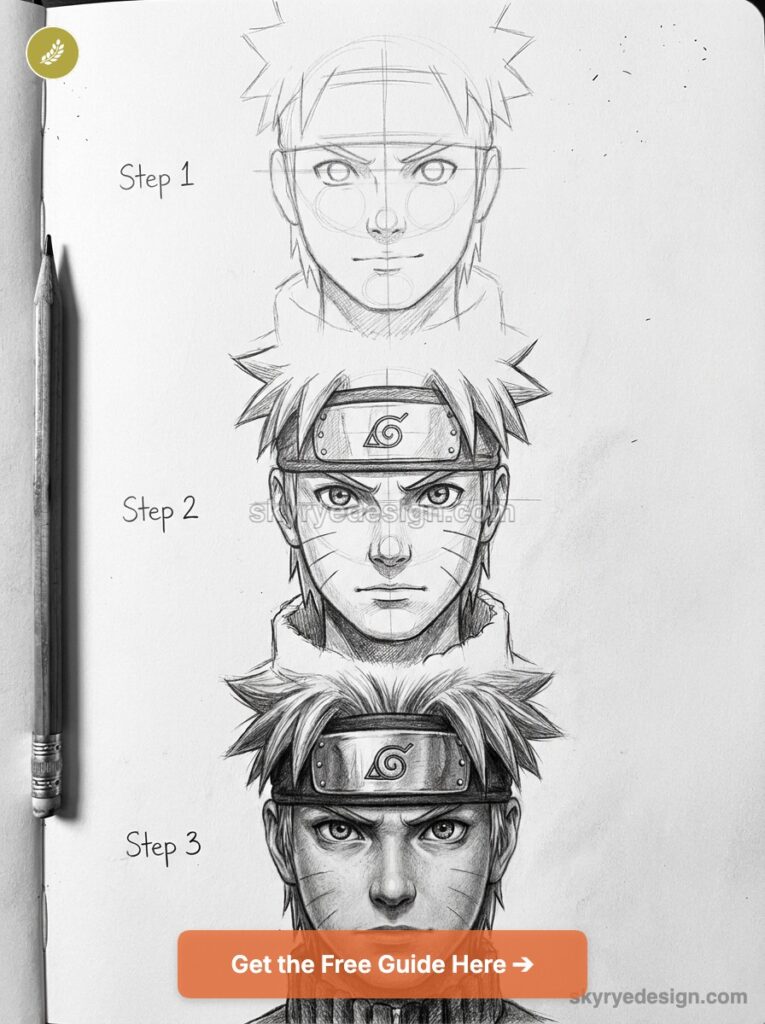 Three-step pencil tutorial: Naruto face drawing from rough construction to shaded portrait with Konoha headband