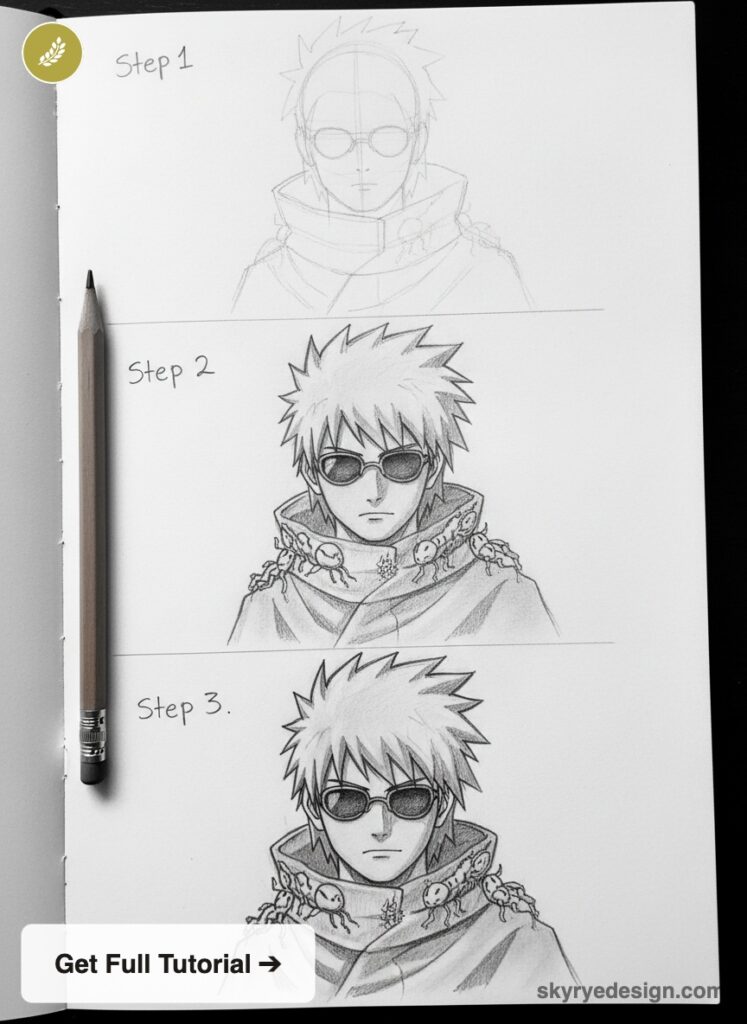Step-by-step pencil anime tutorial: how to draw a hooded spiky-haired character with sunglasses in three stages.