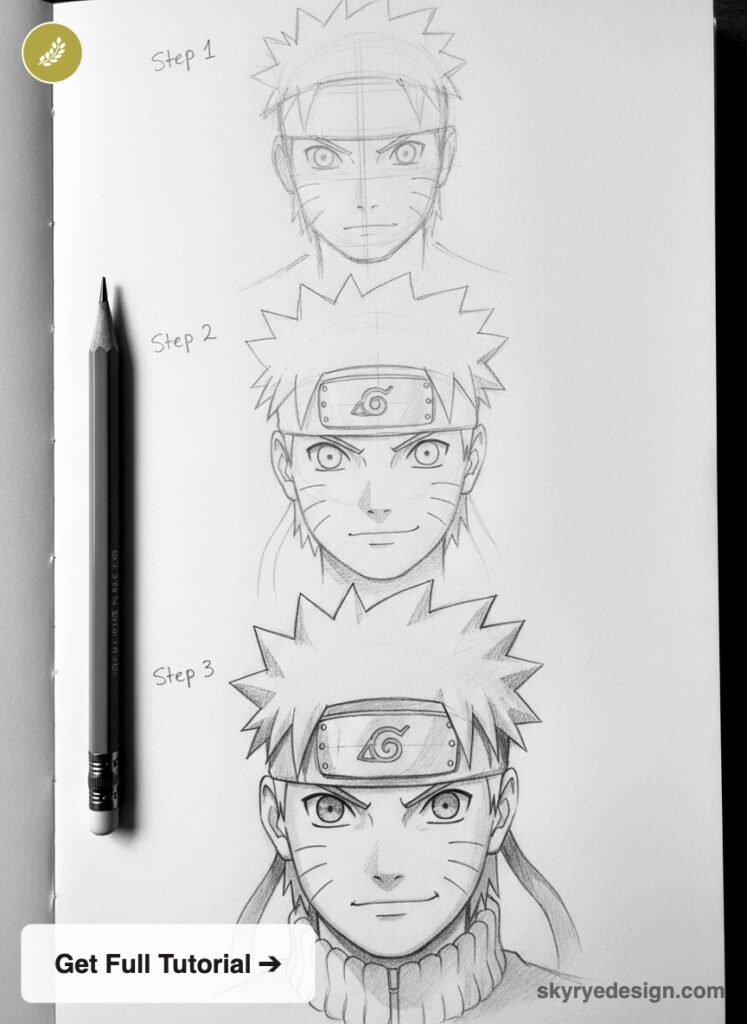 Naruto pencil sketch tutorial: three step-by-step head drawings in a sketchbook with a pencil visible
