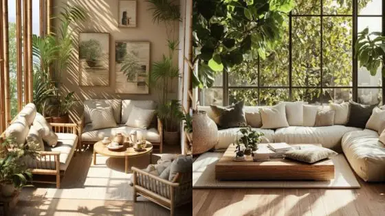 nature-inspired interior decor Cozy sunlit living room with plants, wooden furniture, and large windows overlooking lush greenery. | Sky Rye Design Cozy sunlit living room with plants, wooden furniture, and large windows overlooking lush greenery.