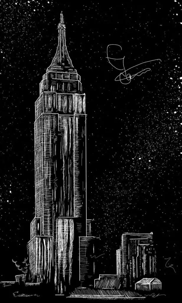 Illustrated Empire State Building against a starry night sky, showcasing architectural beauty and iconic design.