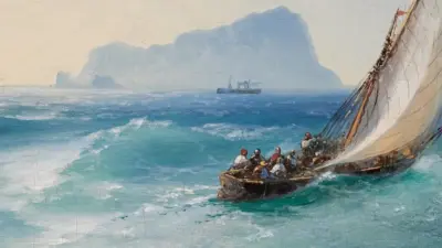 Oil painting of a small sailboat with crew battling turquoise waves near a distant island and steamship