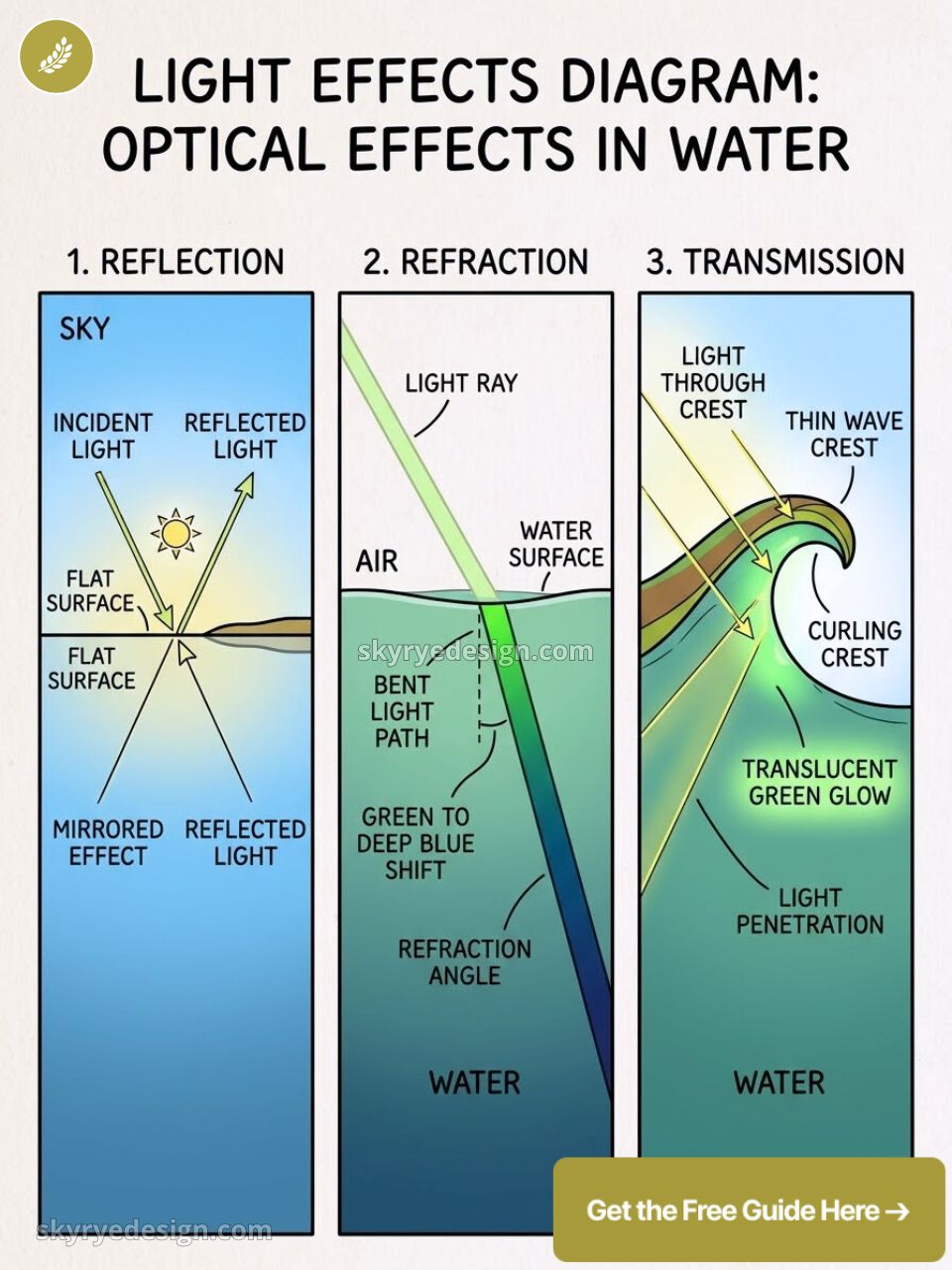Light effects diagram showing reflection, refraction, and transmission of light in water with rays and wave