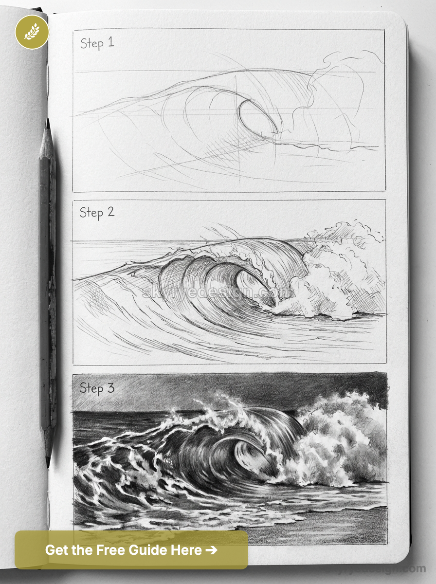 Wave drawing tutorial: step-by-step pencil sketches showing wave progression in a sketchbook.