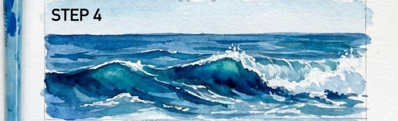 Watercolor ocean waves tutorial Step 4: deep blue waves crashing with white foam