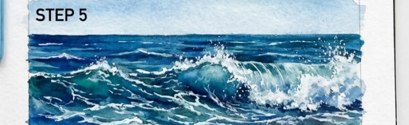 Watercolor painting of blue ocean waves with white foam, labeled STEP 5 in a wave-painting tutorial.