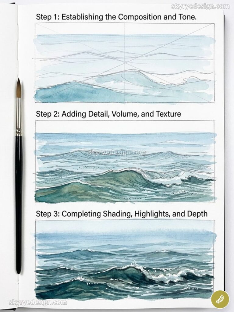 Three-step watercolor seascape tutorial showing progressive stages of painting realistic ocean waves with a brush.