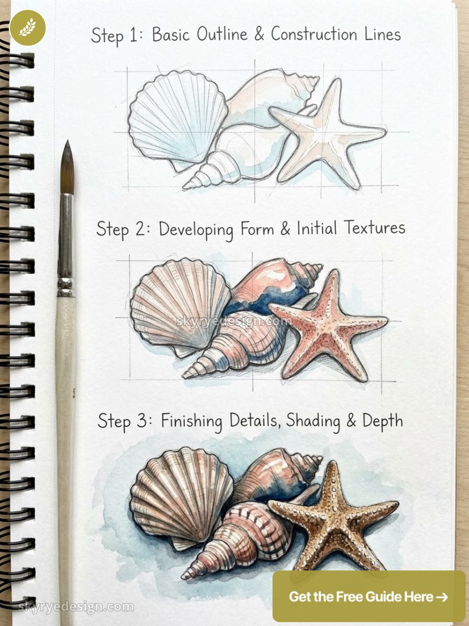Watercolor seashell and starfish drawing tutorial in sketchbook with brush — steps: outline, texture, shading