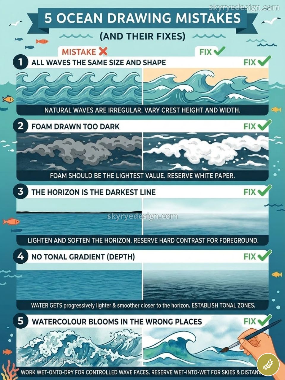 Infographic: 5 ocean drawing mistakes and fixes for waves: shapes, foam, horizon, tonal depth, watercolor bloom tips.