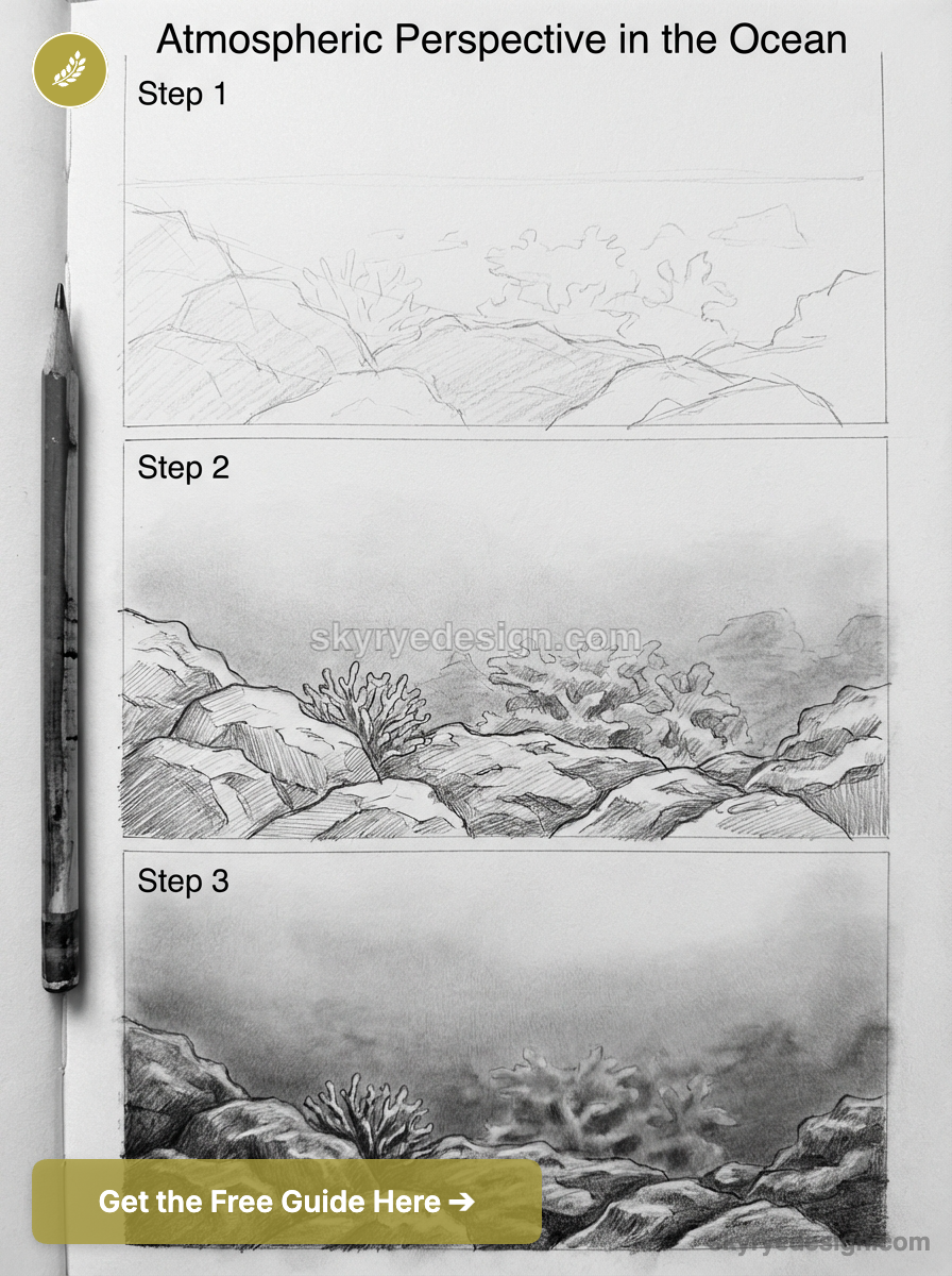 Pencil sketch tutorial: three-step atmospheric perspective ocean scene with rocks, coral and misty background