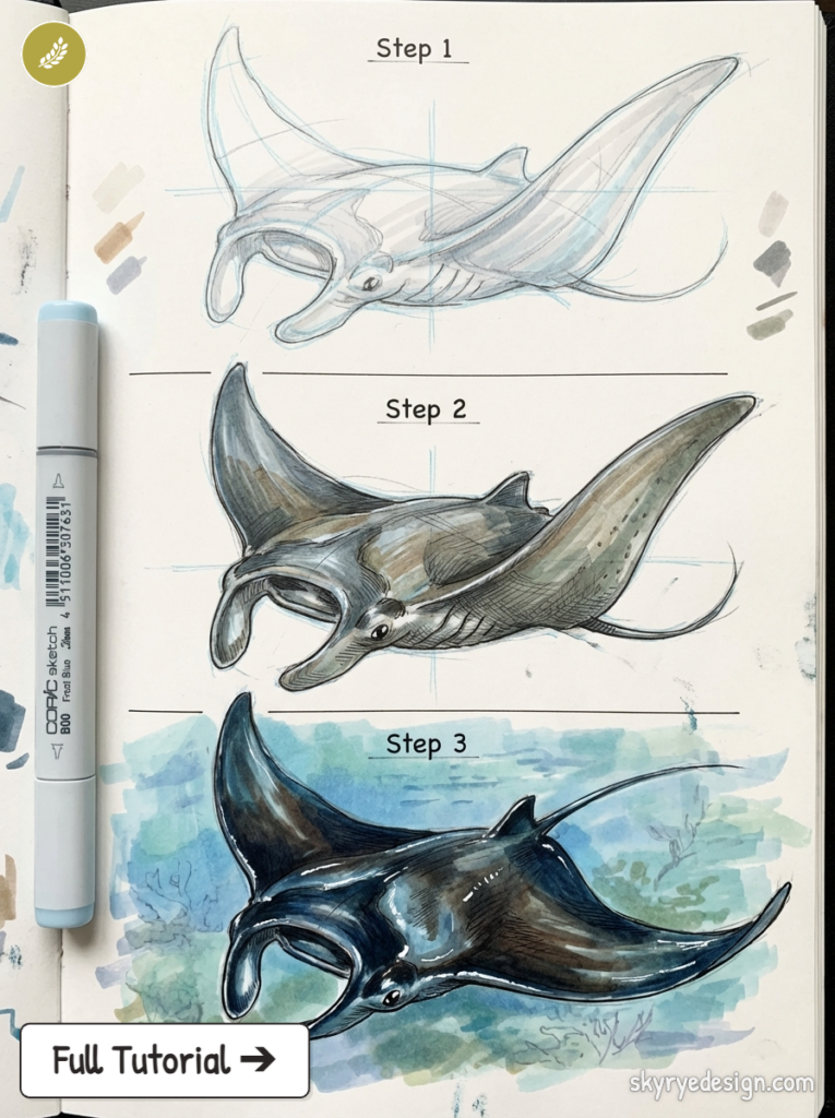 Step-by-step manta ray drawing tutorial in sketchbook with Copic marker showing three stages from sketch to colored rendering.