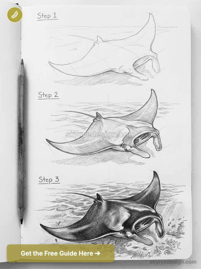 Manta ray drawing tutorial: sketchbook page showing pencil step-by-step sketches (Step 1-3)