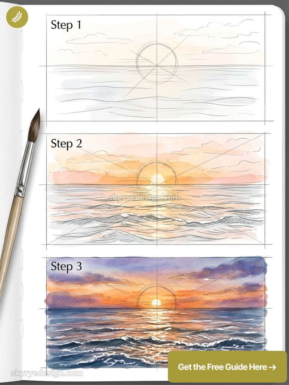 Step-by-step watercolor sunset seascape: sketch, color wash, finished ocean waves with paintbrush
