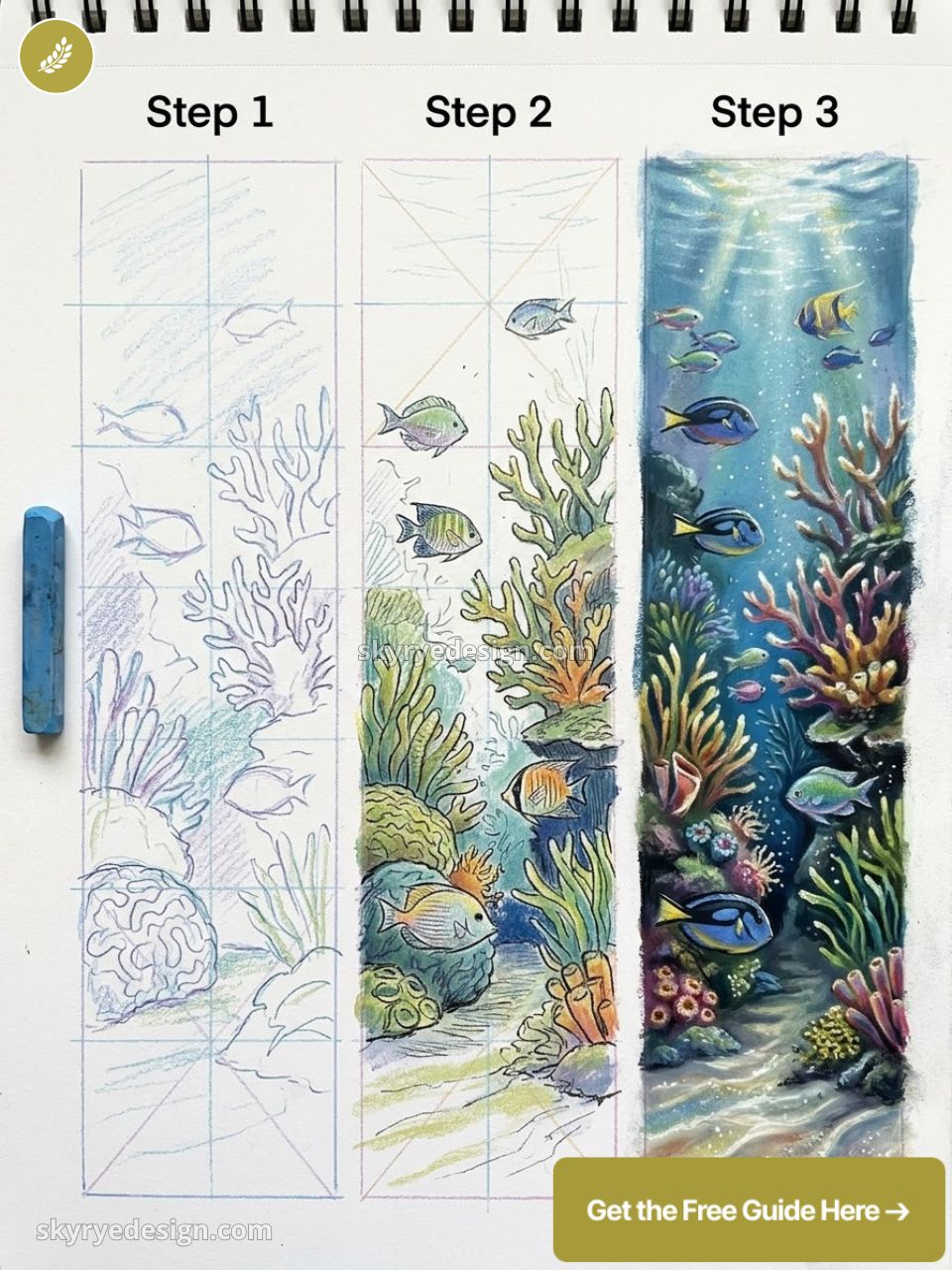 Three-step coral reef drawing tutorial: pencil grid sketches to vibrant colored painting of fish and coral