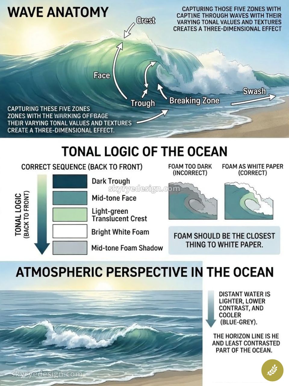 Ocean wave anatomy infographic: tonal logic and atmospheric perspective with labeled crest, face, trough, breaking zone, foam.