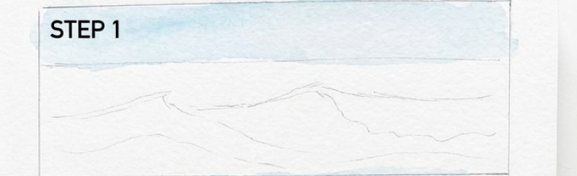 Watercolor mountain tutorial step 1: pencil sketch of mountain outlines with pale blue sky wash