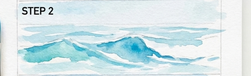 Watercolor ocean waves painting illustration labeled STEP 2 for a step-by-step art tutorial