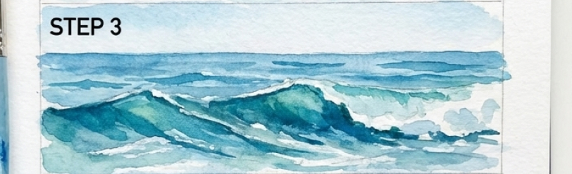 Watercolor ocean waves in blue and teal hues — Step 3 of a painting tutorial showing rolling surf and white foam.