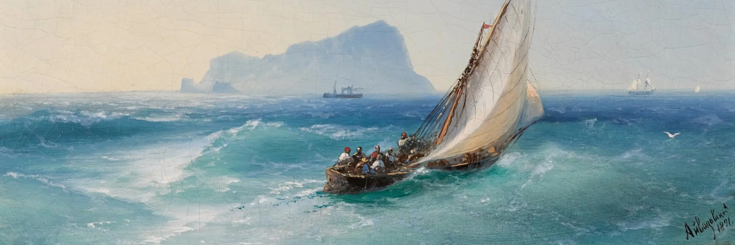 Oil seascape painting of a small sailboat with crew riding turquoise waves toward a distant rocky island