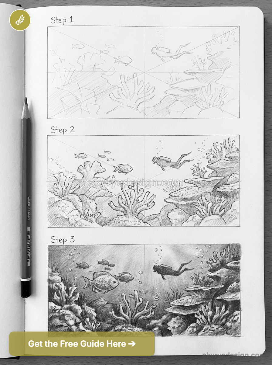 Pencil sketch step-by-step drawing tutorial of an underwater scene: coral reef, fish, and a scuba diver.