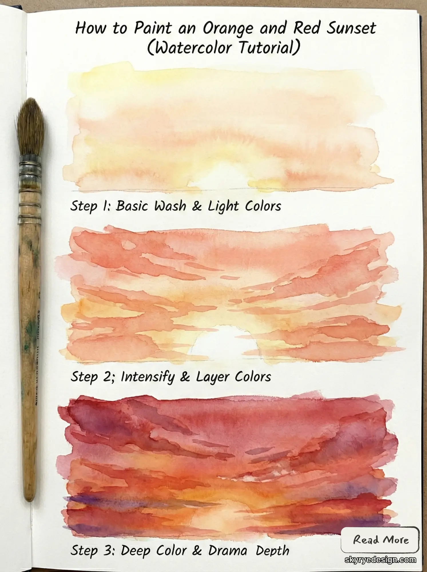 Watercolor sunset tutorial page with three steps: basic wash, layered intensify, deep colors; paintbrush beside orange-red sky studies.