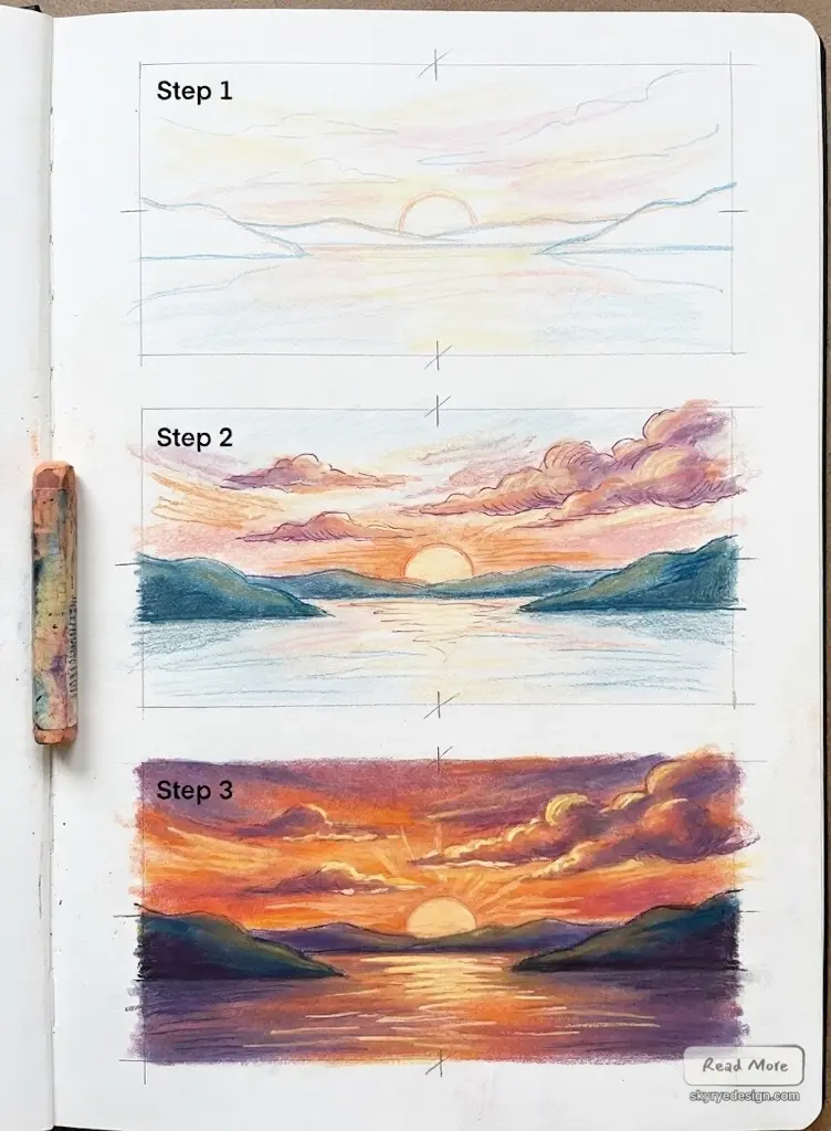 Step-by-step pastel sunset drawing tutorial in a sketchbook: three panels showing sun setting over water and hills, pastel stick at side.