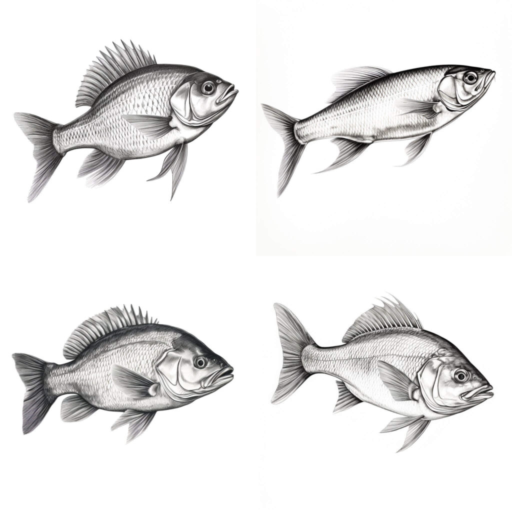 Four detailed fish illustrations on a white background, showcasing different species in black and white drawing style.