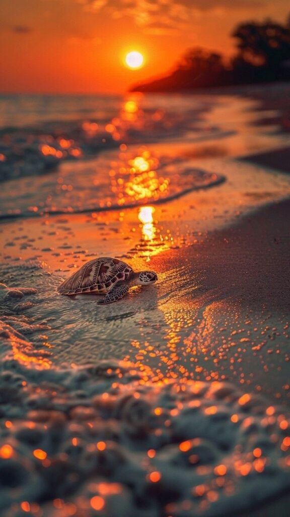 Sea turtle on beach at sunset, golden waves reflecting sunlight, serene ocean scene.