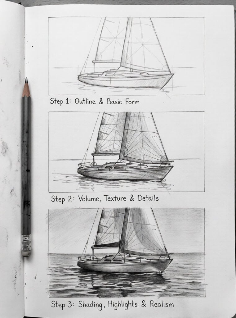Sketchbook sailboat drawing tutorial: three pencil sketches showing outline, added texture and details, and final shaded, realistic sailboat.