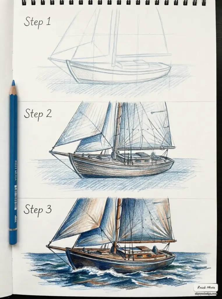 Step-by-step sailboat drawing tutorial in sketchbook showing three stages from light pencil layout to detailed colored-pencil sailboat on ocean.