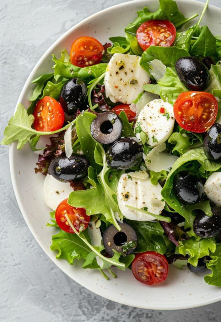 Fresh salad with cherry tomatoes, black olives, mozzarella, and mixed greens in a white bowl.