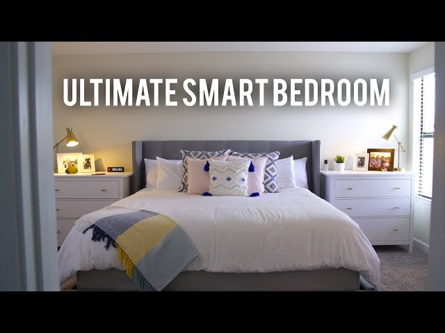 Modern bedroom with smart tech features, cozy bed, stylish decor, and ambient lighting.