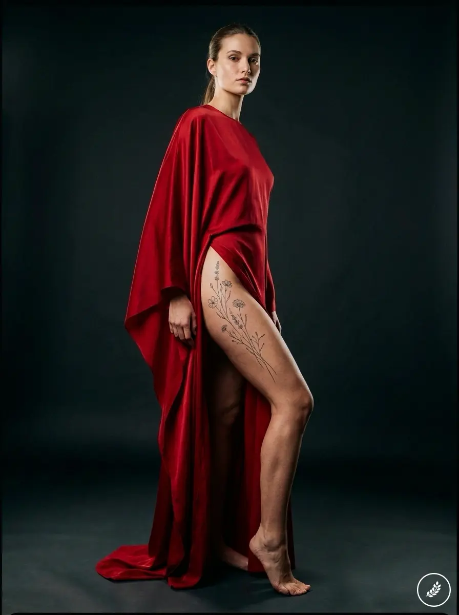 Model_posing_in_red_dress_202608131642 Woman standing in a red draped gown with a floral tattoo on her left thigh against a dark studio backdrop. | Sky Rye Design Fine-line floral tattoo on a woman's outer thigh, following the natural curve of the leg