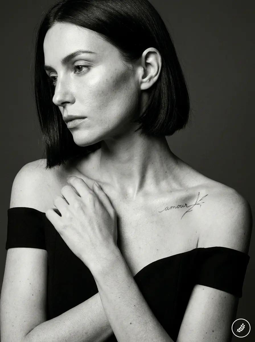 Woman_posing_in_studio_202608131642 Black-and-white portrait of a woman with short dark hair and an 'amour' tattoo on her collarbone. | Sky Rye Design Fine-line script tattoo on a woman's collarbone reading amour with a small leaf flourish