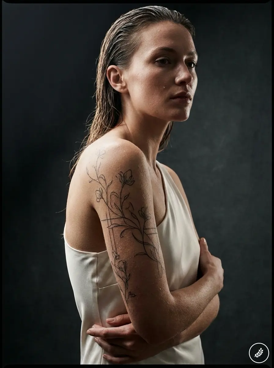 Woman_posing_in_studio_202608131643 | Sky Rye Design Fine-line floral tattoo with delicate vines and flowers on a woman's upper arm and shoulder