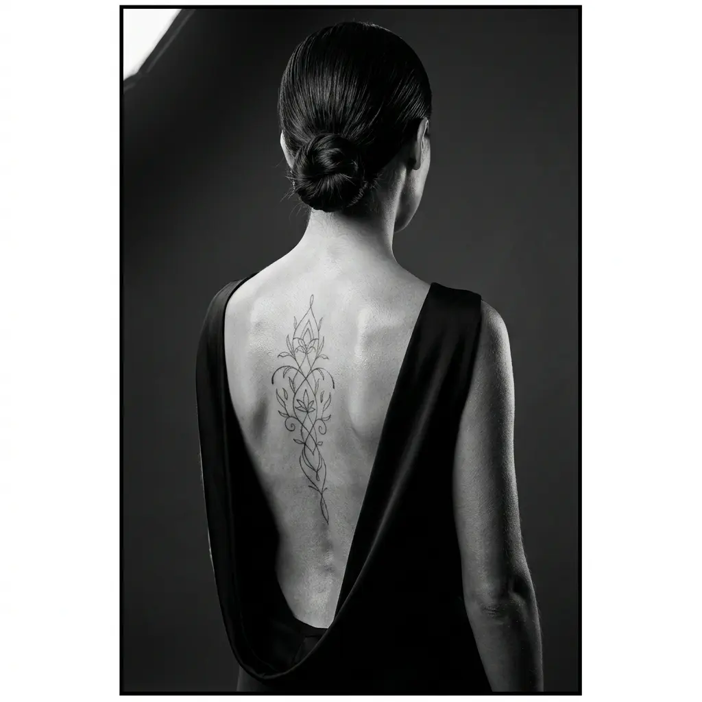 Woman_posing_with_back_tattoo_202608131641 Back view of a woman in a low-back gown, revealing a long botanical tattoo along her spine. | Sky Rye Design Symmetrical fine-line mandala tattoo trailing down the spine of a woman's back
