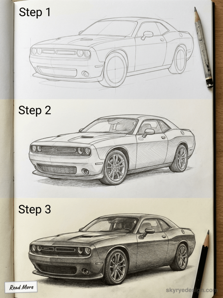 Three-step drawing tutorial of a car, showcasing progression from outline to detailed sketch with shading, pencil on paper.