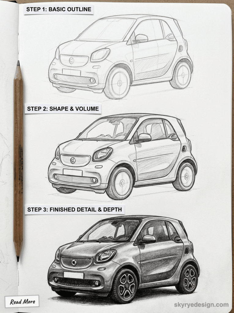 Drawing process of a compact car from outline to detailed rendering in three steps, pencil beside for scale.