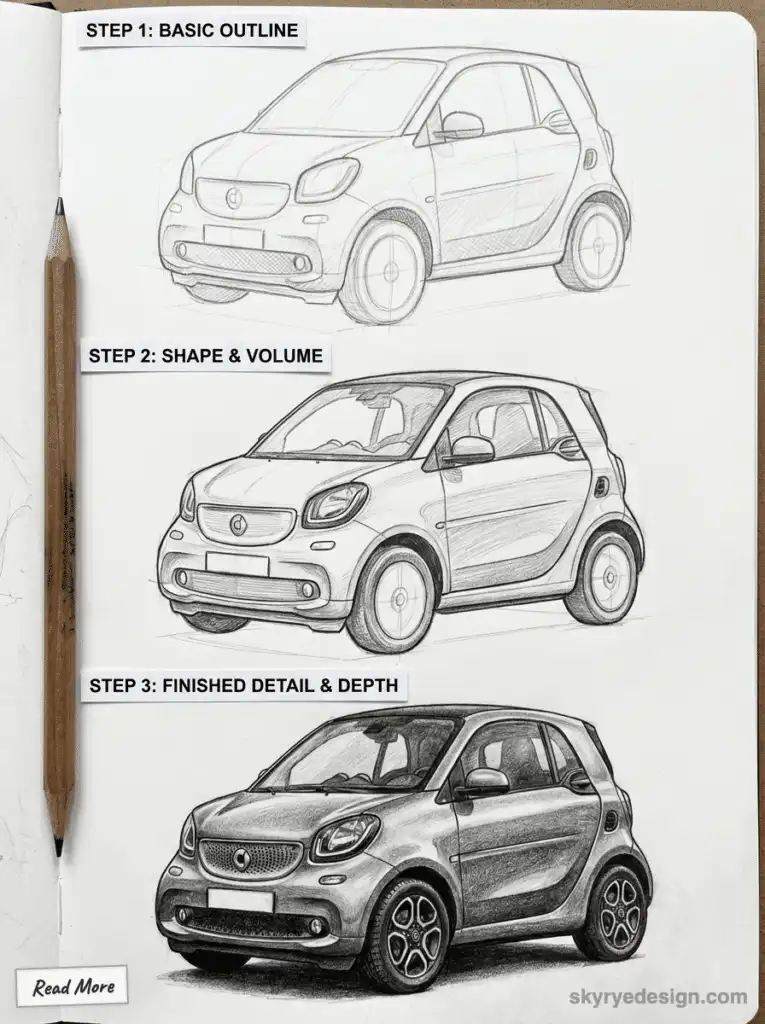 Drawing process of a compact car from outline to detailed rendering in three steps, pencil beside for scale.