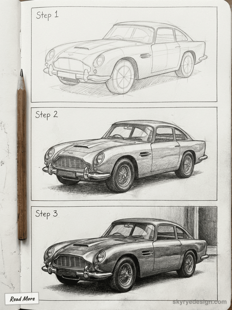 Step-by-step pencil drawing of a classic car, progressing from sketch to detailed illustration, with a pencil shown beside