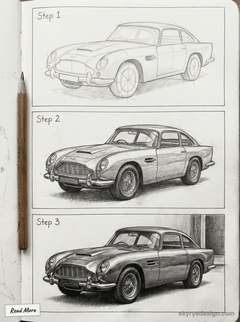 Step-by-step pencil drawing of a classic car, progressing from sketch to detailed illustration, with a pencil shown beside