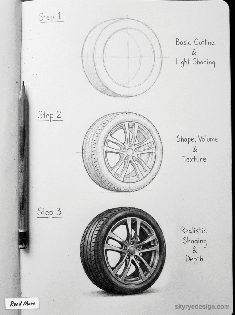 Sketching a car wheel in 3 steps: outline, shape, and realistic shading. Pencil and drawing guide for artistic depth and