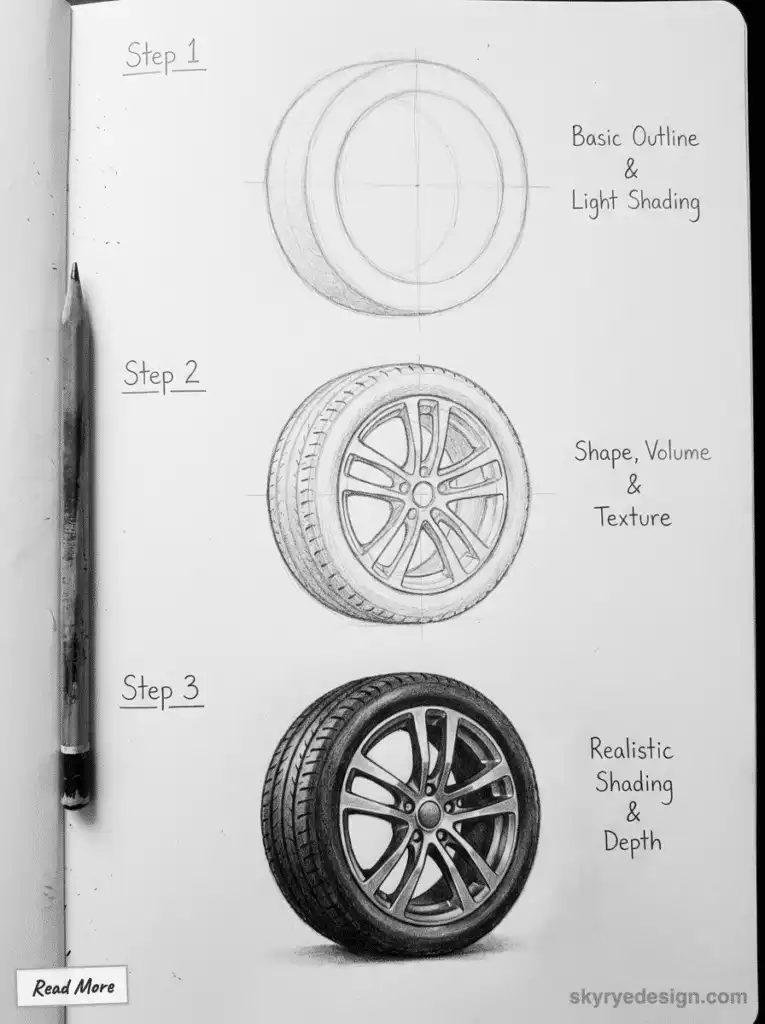 Sketching a car wheel in 3 steps: outline, shape, and realistic shading. Pencil and drawing guide for artistic depth and